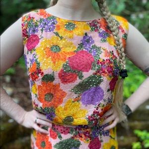 1950s Silk MACYS California Floral Wiggle Dress, Hand Sequined Sparkle dress